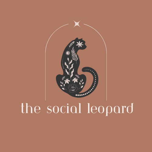 Brown background with outline image of a leopard sitting with its back to the viewer. Tail swished and artistic style stars and shapes on the body of the leopard